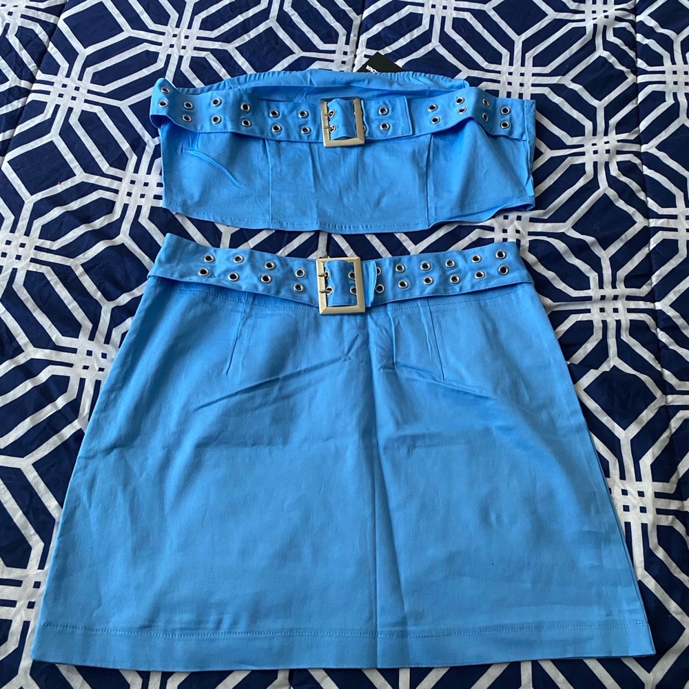 Stylish Blue Belted Mini Skirt with matching Belted Strapless Crop Top